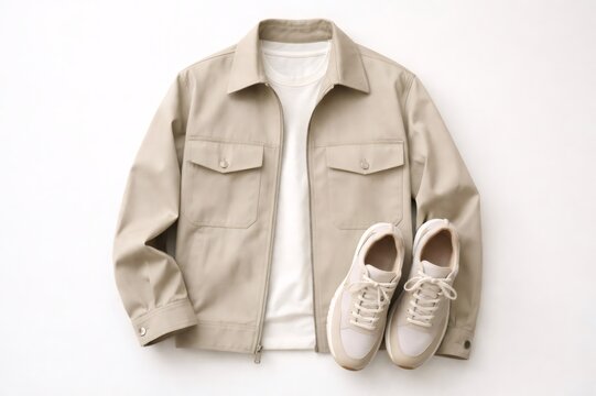 Minimalist men's outfit flat lay featuring a neutral beige jacket, white shirt and comfortable sneakers for effortless, contemporary everyday style and modern casual wear
