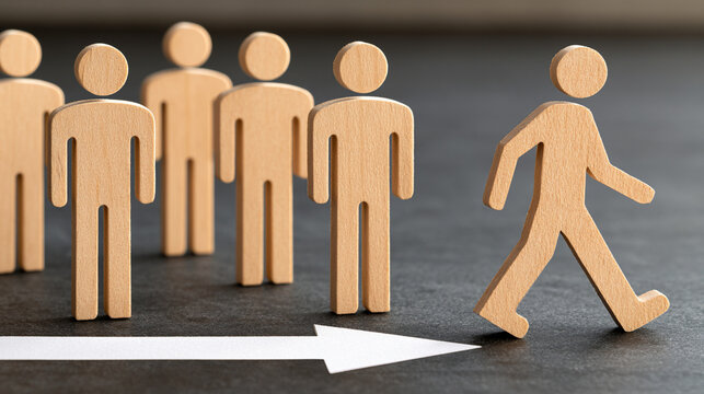 Wooden Figure Walking Away From Arrow Follower Group Line Leadership Direction Concept

