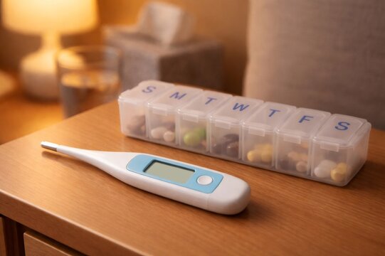 Digital thermometer displaying an empty screen next to a clear weekly pill organizer filled with assorted medication and vitamins, signifying daily health management and wellness