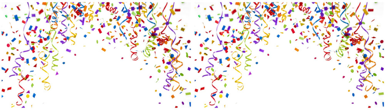 Colorful confetti frame border, rainbow paper streamers falling, festive party decoration, celebration background with copy space, holiday greeting card design
