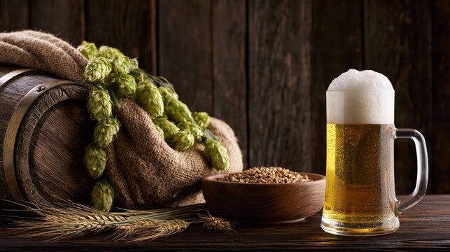 Golden Craft Beer Mug with Fresh Hops, Barley Grains and Wooden Barrel in Rustic Brewery Still Life Scene