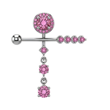 Elegant silver belly button ring with pink gemstones isolated on white background for jewelry