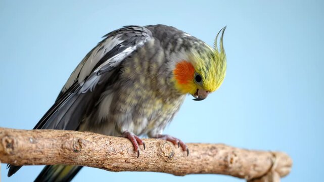 Cockatiel perched on wooden branch against blue background, tilting head and preening feathers in studio setting