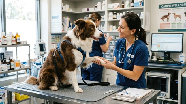 A veterinarian is interacting with a Border Collie dog on an examination table.