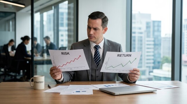 A serious businessman sits at a desk, intently studying two charts. One chart shows a rising arrow labeled "RISK," while the other depicts a growing arrow labeled "RETURN.