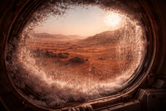Frozen porthole window provides a view of a desolate reddish landscape under a hazy sky, with icy particles appearing to impact the glass during an extraterrestrial storm