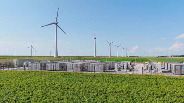 Aerial view of battery energy storage system facility next to wind turbines. Industrial lithium battery system for renewable power plant and grid management.