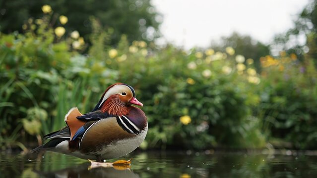   
Mandarin duck standing near pond vivid plumage orange white blue black feathers lush vegetation wildlife photography closeup