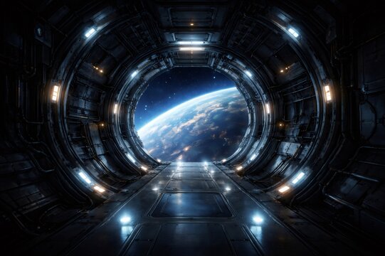 Spaceship interior corridor with a circular window offering a breathtaking view of Earth from orbit, showcasing the planet's curvature and city lights at night against a starry cosmos