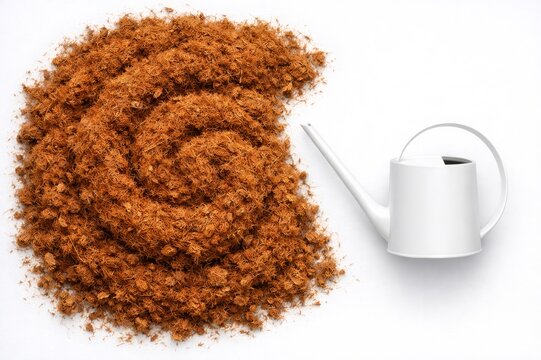 Coconut coir fiber provides an excellent sustainable growing medium and soil amendment for gardening and plant cultivation, pictured alongside a modern white watering can