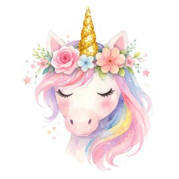 Whimsical unicorn with floral crown.