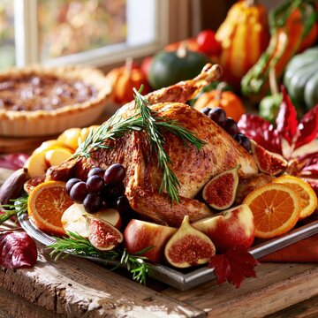 Autumn Harvest Roast Turkey Styled with Fresh Fruits Herbs and Warm Window Light Creating Cozy Seasonal Dining Atmosphere