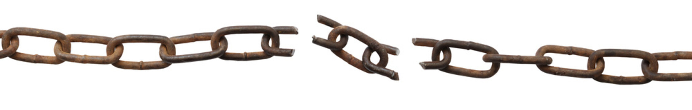 rusty chain with several links broken and separated, set against a transparent background.