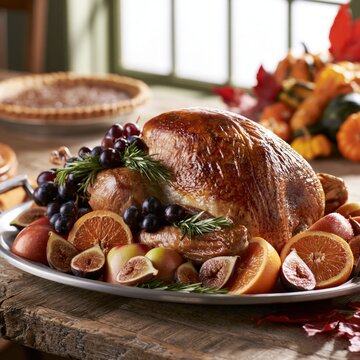 Autumn Harvest Roast Turkey Styled with Fresh Fruits Herbs and Warm Window Light Creating Cozy Seasonal Dining Atmosphere