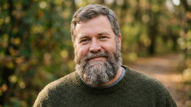 A mature man with a full gray beard and gray hair is smiling warmly at the camera. He is wearing a green sweater.