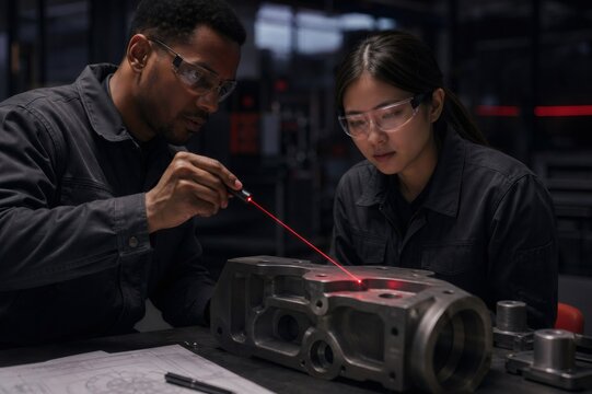 Diverse engineers collaborate on quality control in a workshop, using a laser pointer to precisely inspect a complex metal casting and ensure manufacturing accuracy and safety