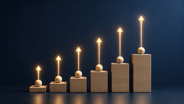 Upward glowing arrows on wooden block stairs symbolizing business growth financial success and progress