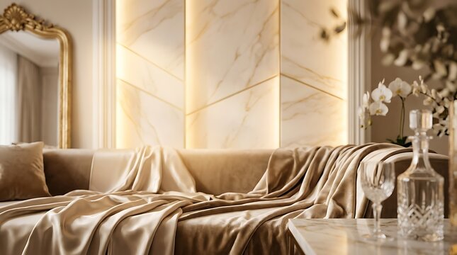 Luxurious living room interior featuring a plush golden sofa, elegant marble wall with geometric lighting, ornate gold mirror, and crystal decor.
