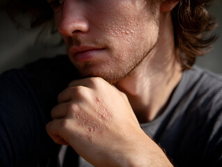 Naklejka premium Young man with facial acne and skin imperfections rests his chin on his hand, showcasing texture and detail, reflecting personal struggle and resilience in a candid moment