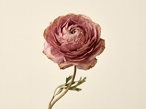 Single dried dusty pink ranunculus flower on beige