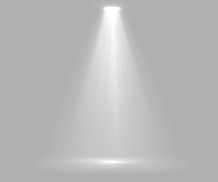 Bright white spotlight beaming down on transparent background. Stage illumination lighting effect vector illustration