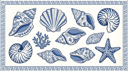 Obraz premium Ornate Blue and White Seashell Collection with Starfish and Coral Border, Elegant Marine Life Illustration