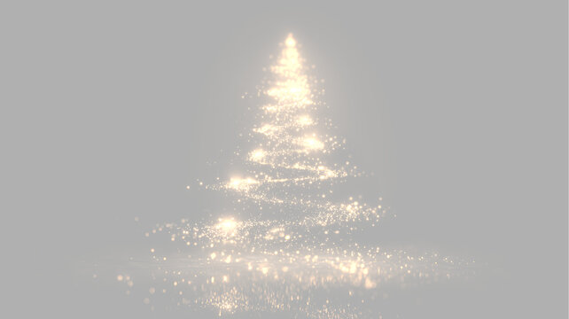 Sparkling gold light spiral christmas tree with bright flares. Glowing xmas particle tree isolated on transparent background