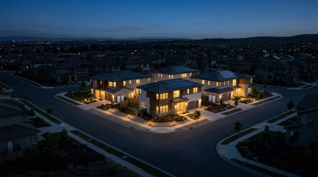 Virtual Power Plants and Distributed Home Energy, Aerial night view of a suburban neighborhood with illuminated modern houses and streets.