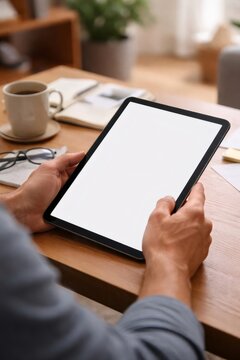 Hands holding a modern portable device with an empty display, ideal for showcasing app interfaces or content while working or studying at a wooden desk with coffee and eyewear