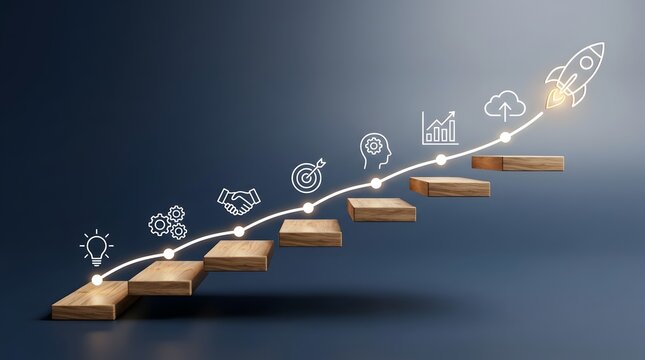 Wooden stairs with glowing line graph rocket launch and business icons for success startup and financial growth