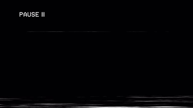 Pause screen vhs glitch lines with minimal white symbol on black background. Suitable for video transitions or retrothemed projects.