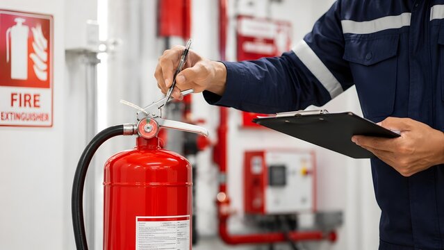 Fire extinguisher inspection by male safety officer holding clipboard and checking pressure gauge in industrial facility