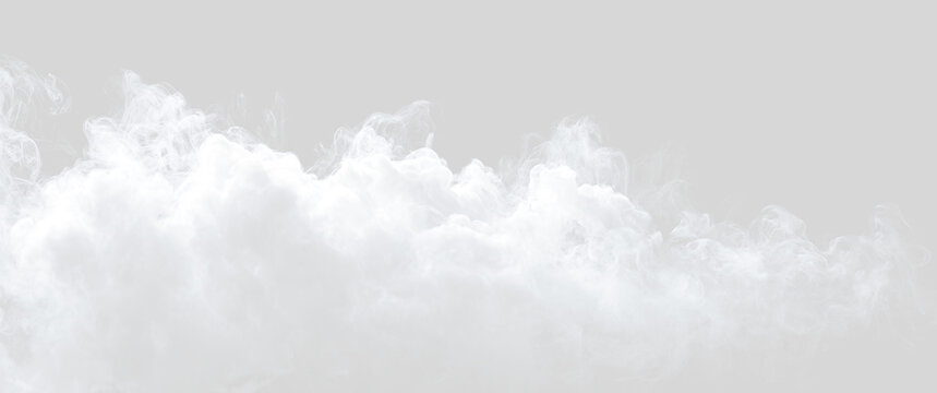 Panoramic white fog and smoke overlay on transparent background. Horizontal cloud mist effect