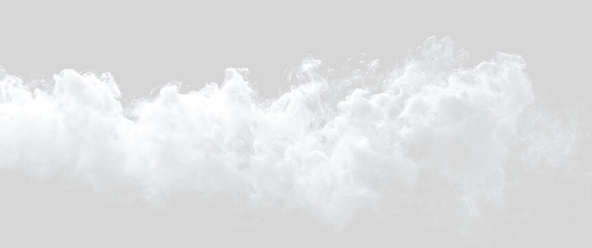 Horizontal white smoke cloud layer on transparent background. Voluminous fog mist overlay effect