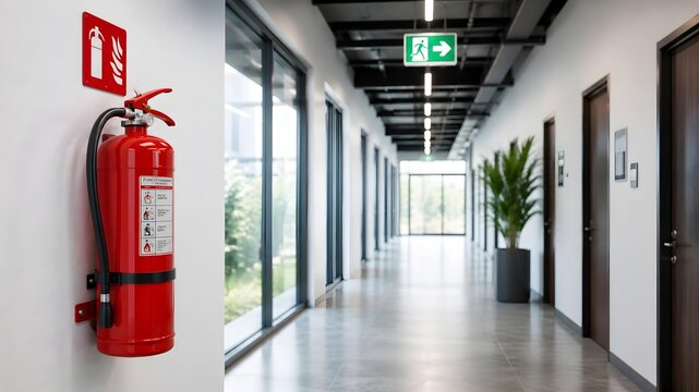 Red fire extinguisher mounted on white wall in modern corporate office corridor for emergency safety