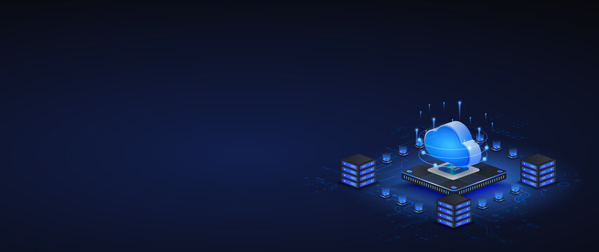 Ai cloud computing isometric vector illustration. Cloud computing technology with ai system concept web banner.