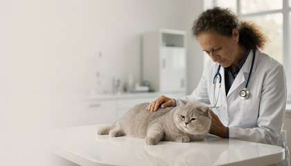 Premium commercial veterinary healthcare advertising, caring veterinarian gently examining a senior British Shorthair cat with gray muzzle on a modern examination table, bright white veterinary clinic