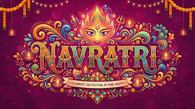 Decorative navratri text with traditional indian motifs and eyes