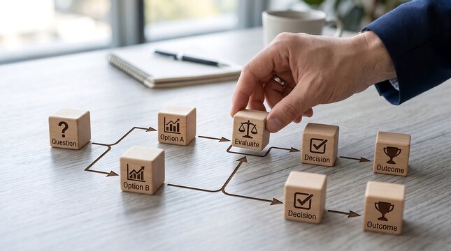 Hand placing a balance scale cube into a strategic flowchart of options and outcomes on a wooden desk, symbolizing decision-making and process management.