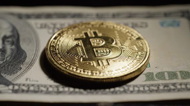 A physical gold bitcoin coin resting on a united states one hundred dollar bill, representing the intersection of cryptocurrency and traditional fiat currency