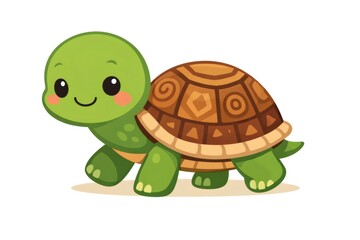 Obraz premium Adorable baby green turtle with patterned brown shell and rosy cheeks, happily walking forward with a cheerful smile on a clean white background, cute cartoon mascot illustration