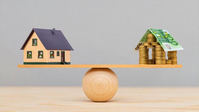 Auf einer Wippe ist ein Modellhaus und die symbolische Finanzierung im Gleichgewicht - FOTOMONTAGE