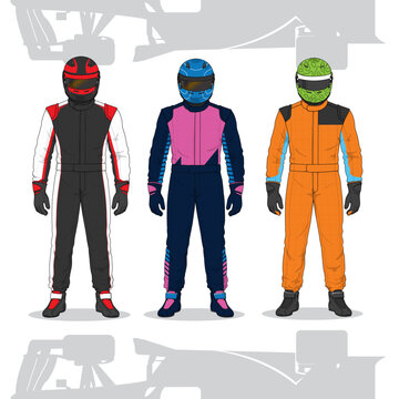 Racing Driver Uniforms and Helmets Illustration Set