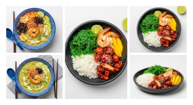 Collage of Healthy Asian Food Bowls Featuring Shrimp Poke Bowl and Green Curry Ramen on White Background