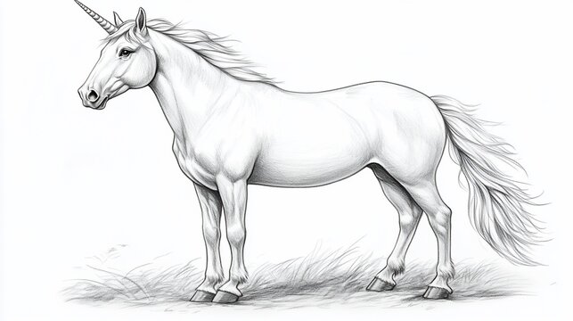 Detailed grayscale illustration of a majestic unicorn standing in a grassy field, horn prominent