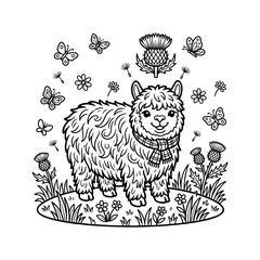 Naklejka premium Cute cartoon alpaca standing in a wildflower meadow with butterflies. Adorable fluffy animal illustration for children's books and spring-themed de...