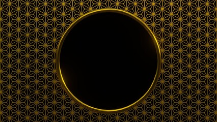 金の麻の葉背景に立体的な丸型ゴールドフレームを配置した和風素材 © MikanStock