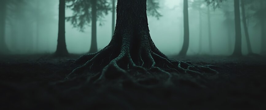 Mystical forest roots in the fog