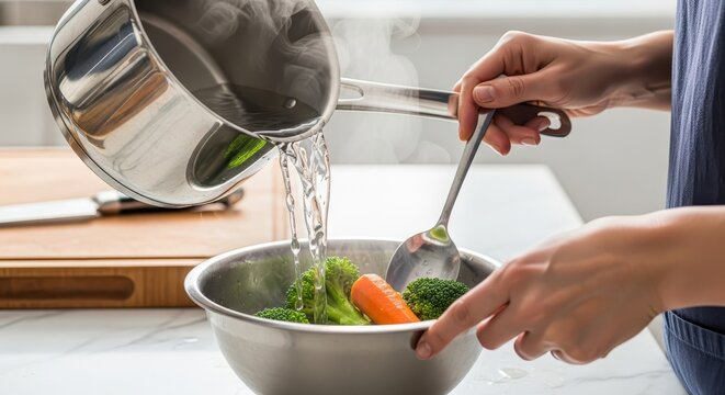 Person pouring hot boiling water from a saucepan over fresh broccoli and carrots in a metal bowl, healthy cooking concept.