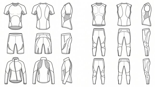 Athletic Compression Wear Technical Fashion Flat Sketch Template Collection